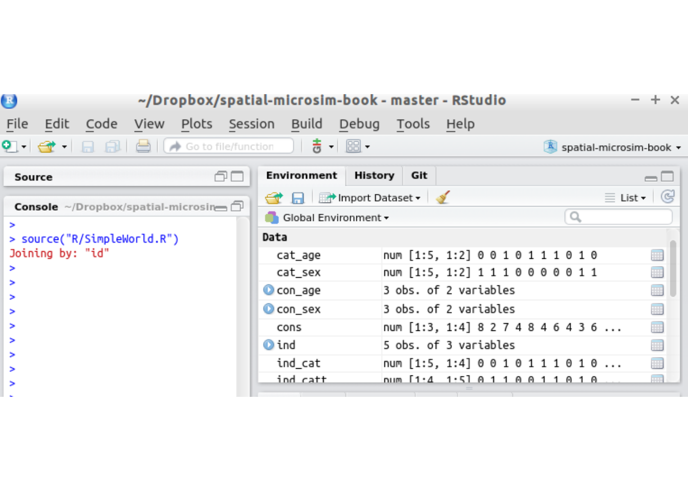 The RStudio interface with the spatial-microsim-book project loaded and objects loaded in the Environment after running SimpleWorld.R