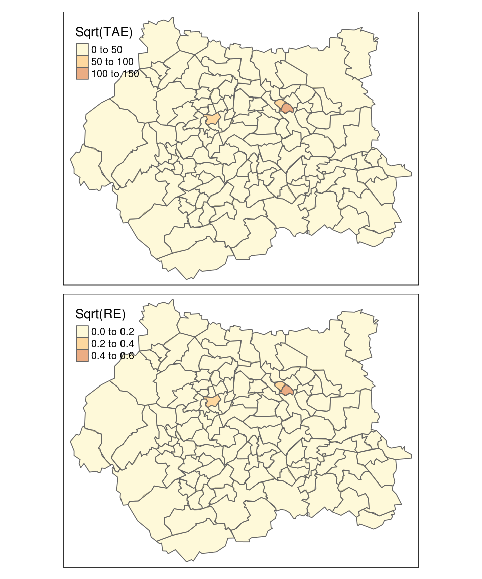 Geographical distribution of Total Absolute Error (TAE) and Relative Error (RE). Note the zones of high error are clustered in university areas such as near the University of Leeds, where there is a high non-resident population.