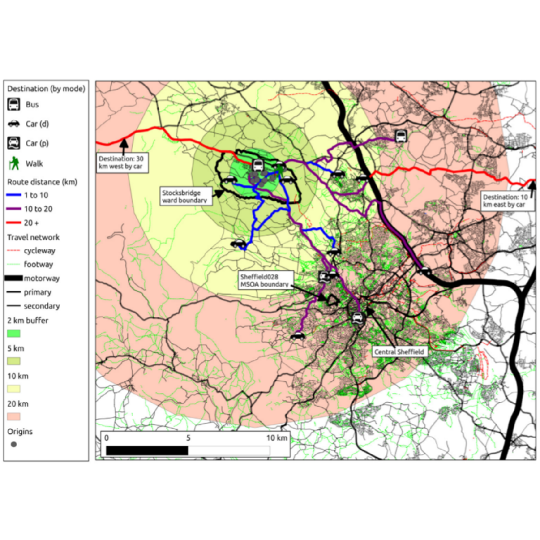 An illustration of spatial microdata in transport modelling. 20 people are illustrated on the map as travelling to a range of destinations, specified based on probability-weighted sampling from origin-destination tables (Lovelace et al. 2014).